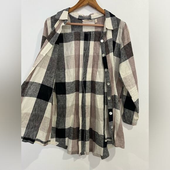 Soft Surroundings Medium Linen Blend Plaid Blouse button up Zipped Back #2BU60 - Picture 4 of 9